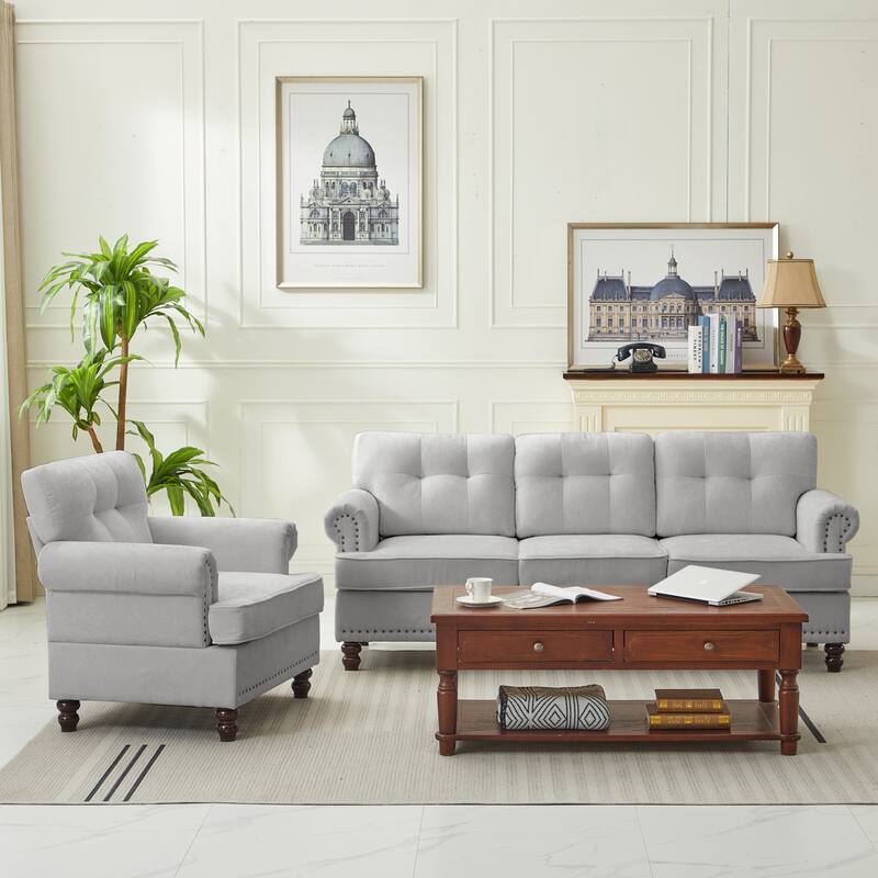 Set of 2 Pieces, A 3-seat Sofa and An Armchair, Chenille Sofa Set for Living Room