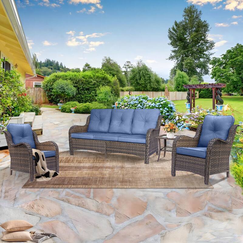 High Back Brown Wicker Outdoor Patio Furniture Sets with Patio Chairs - 4 Piece - Denim Blue