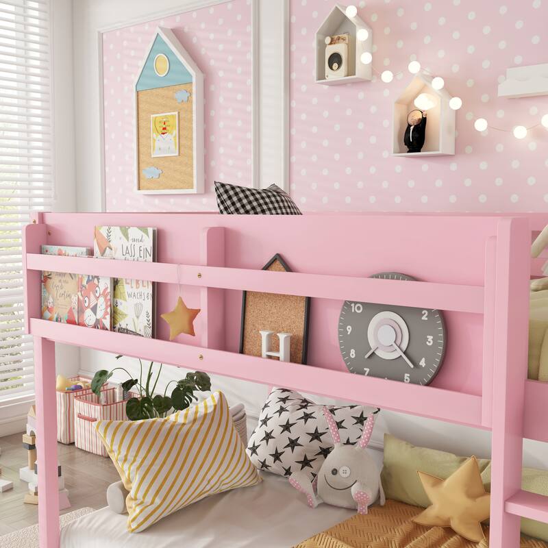 Low Twin Over Twin Bunk Bed, Floor Bunk Bed with Ladder and Storage Shelf, Convertible Design Twin Size Bunk Bed Frame