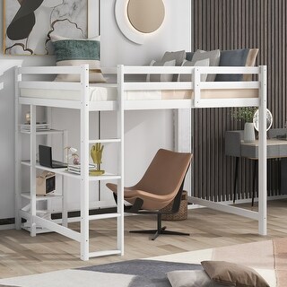 Full Size Bedroom Loft Bed with Built-in Desk and Shelves Wooden support