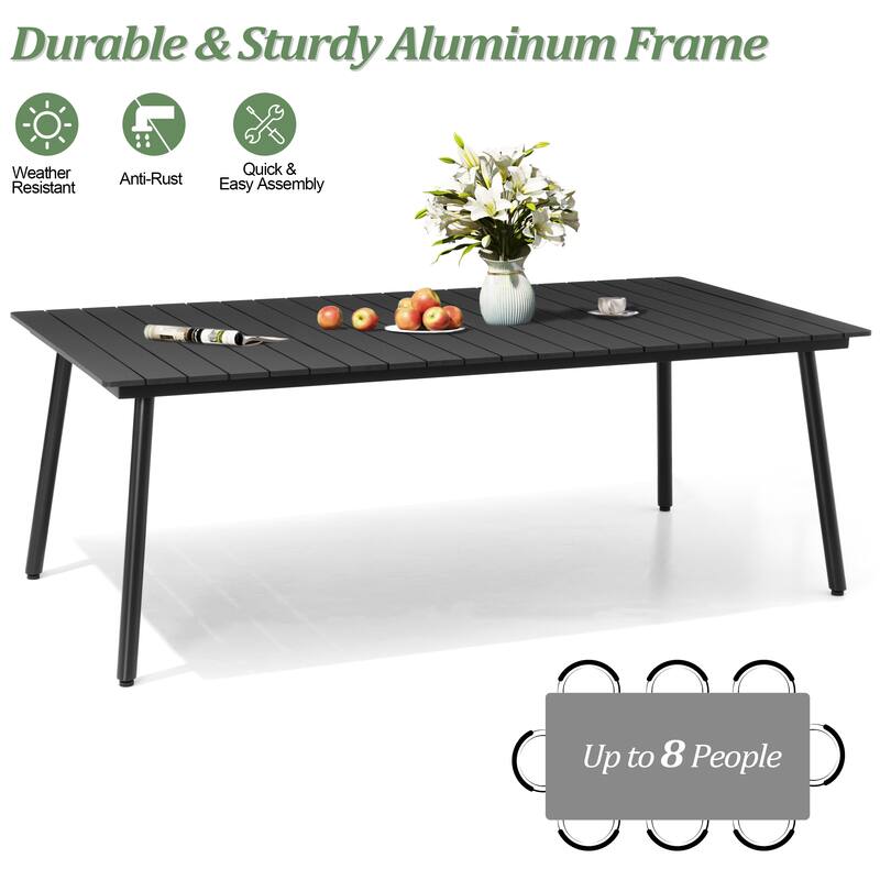 Outdoor Rectangle Aluminum Dining Table with Umbrella Hole with Durable Adjustable Reclining Folding Chair
