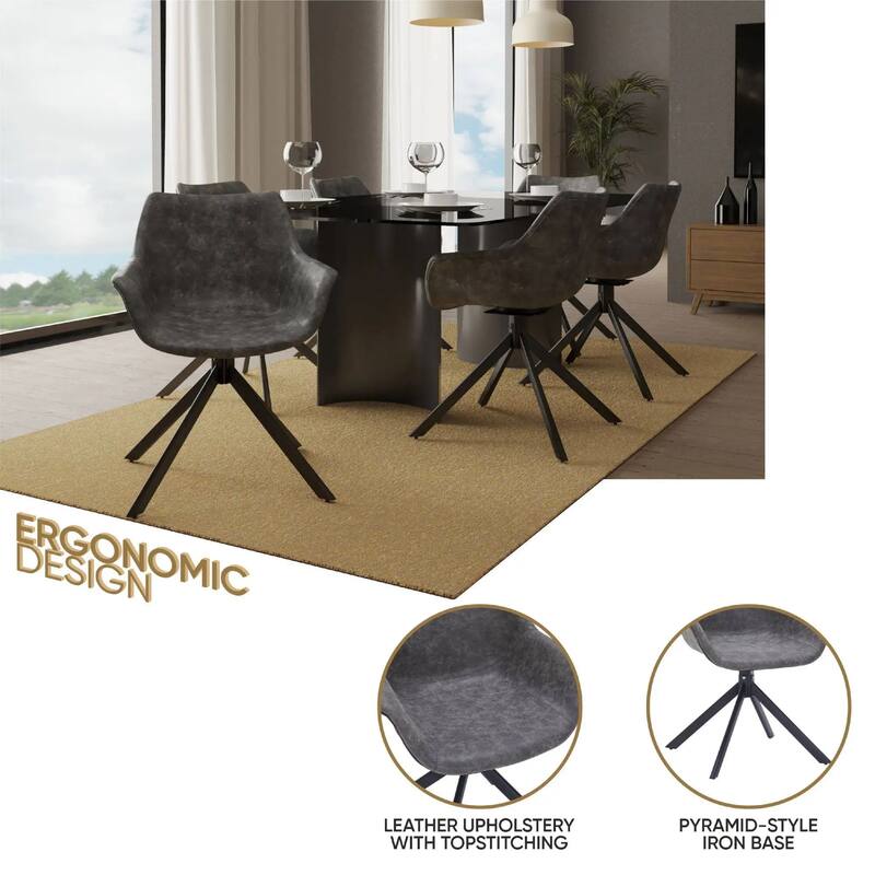 Markley Leather Swivel Dining Armchair with Black Iron Base - Accent Dining Chair for Kitchen and Dining Room Set of 4