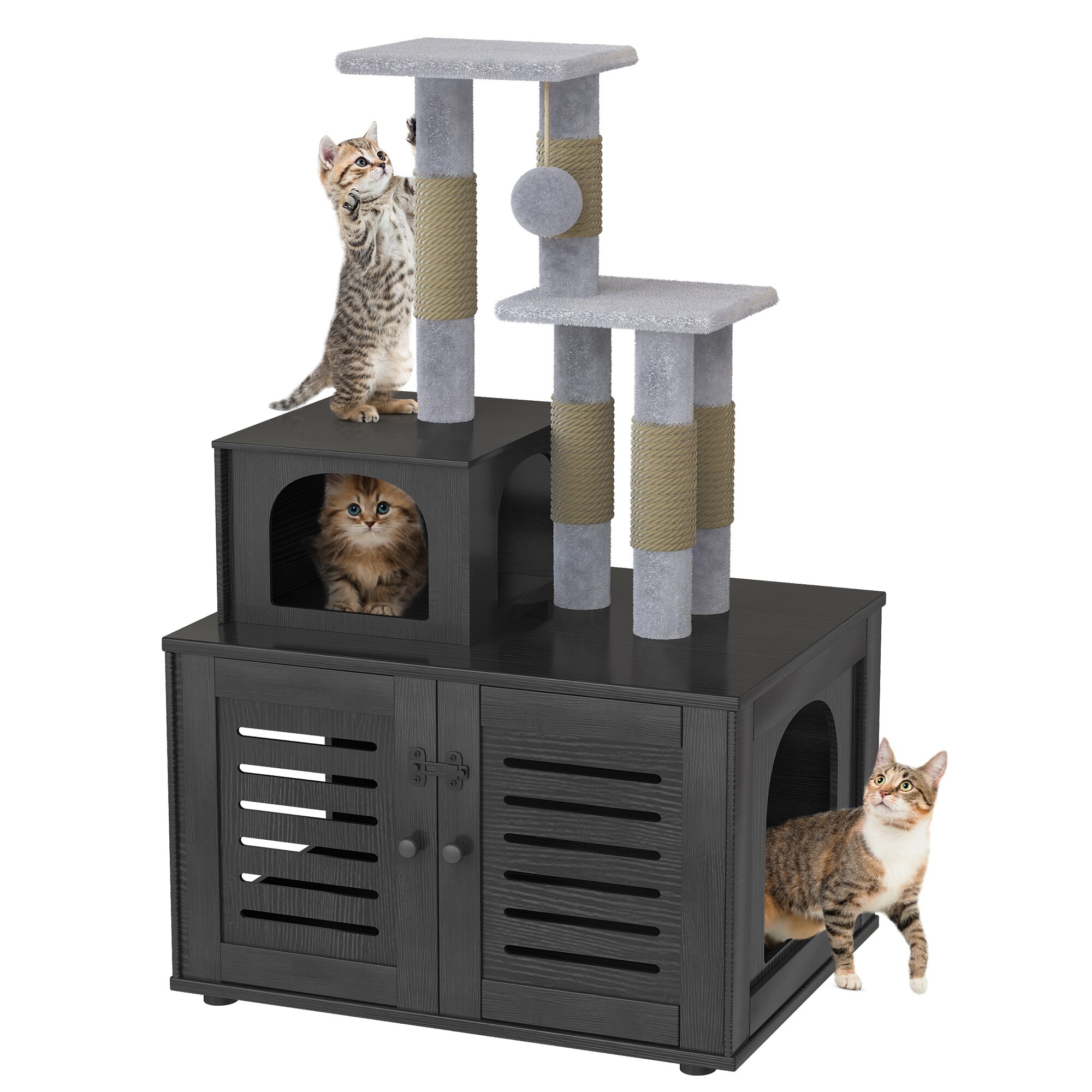Cat Tree with Wood Litter Box Enclosure All in one Indoor Cat