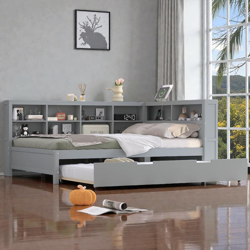 Twin/Full Wooden Daybed with Twin Trundle, Storage Shelf, USB Charging Ports, Slat Support, Space-Saving Design