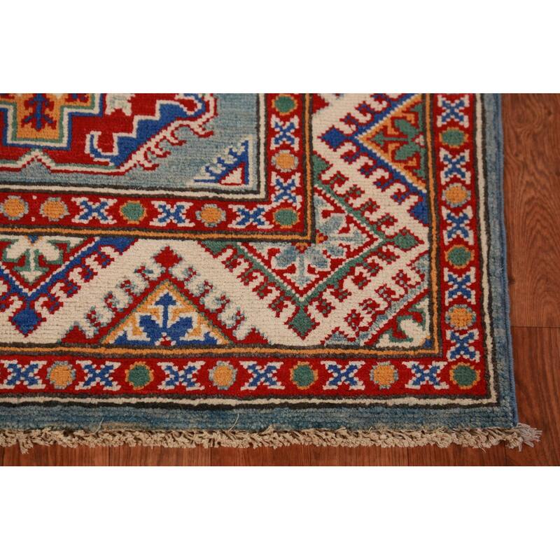Geometric Kazak Foyer Rug Blue Traditional Handmade Wool Carpet - 2'9"x 3'11"