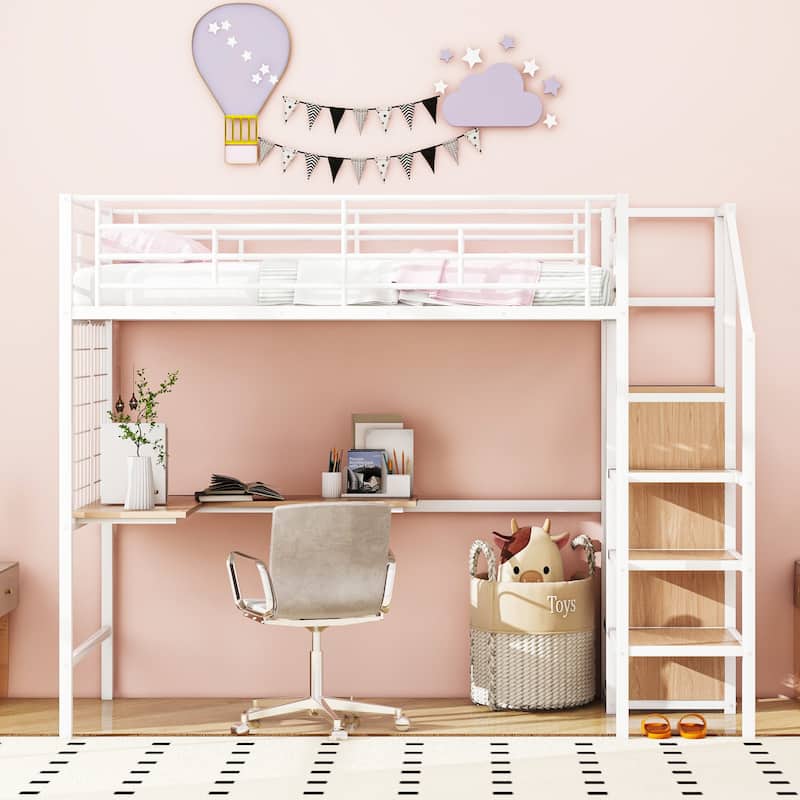 Modern Twin Metal Loft Bed with Storage