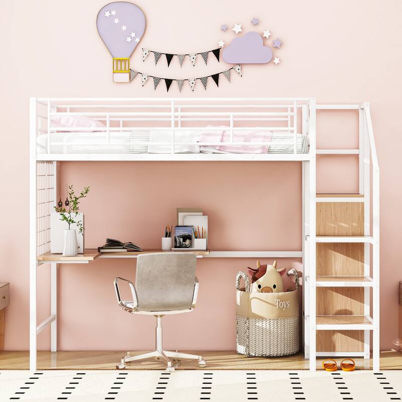 Twin Size Metal Loft Bed with Desk, Grid, and Wardrobe - Modern and Functional