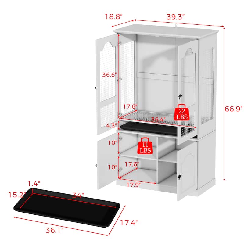 Modern Bird Cage Cabinet with Storage Base, White Wooden Aviary with DIY Wire Grid & Easy Clean Tray for Parakeets