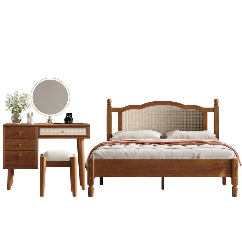 2-Pieces Bedroom Sets,Queen Size Wooden Platform Bed with Natural Rattan Headboard,and Wooden Makeup Vanity Set