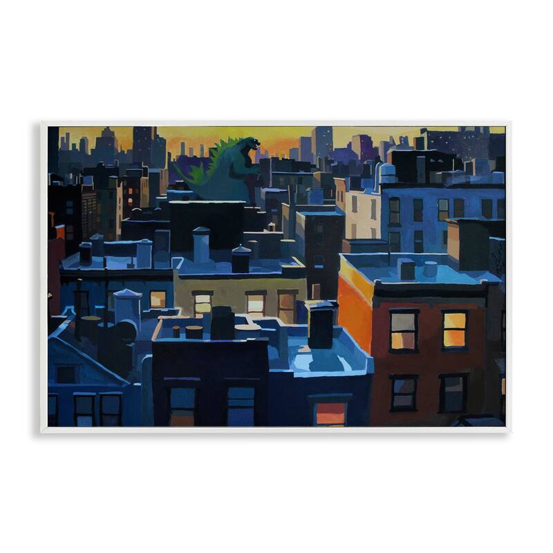 Stupell Cityscape with Distant Monster Framed Giclee Art Design By Keith Thomson - 24 x 16 - White