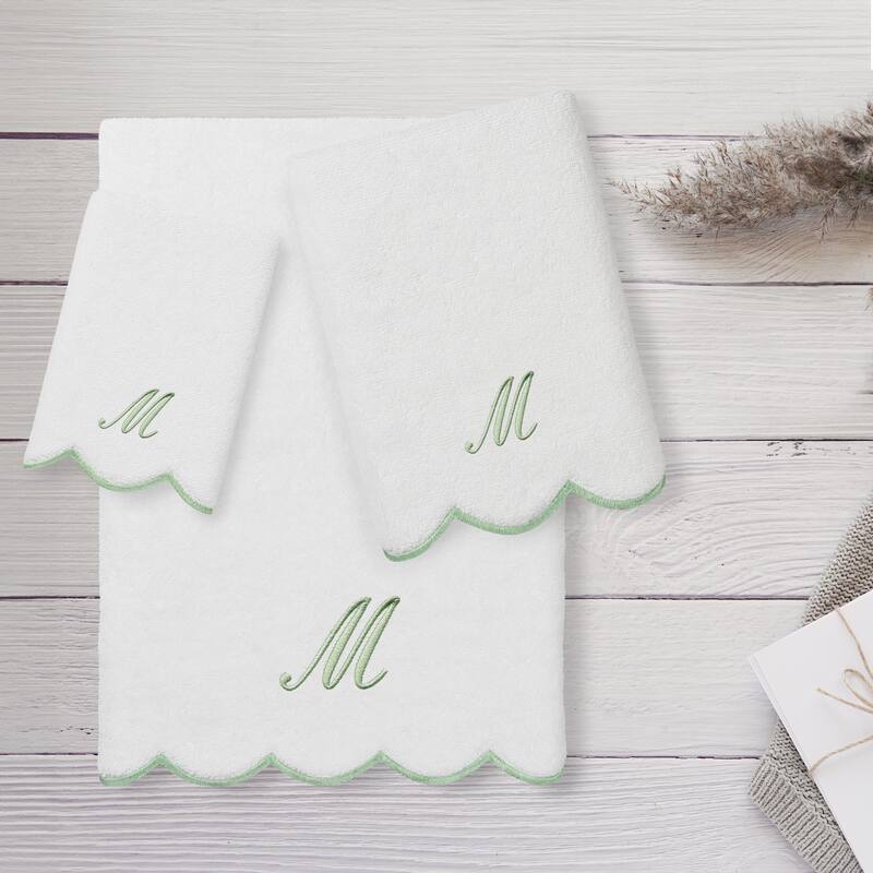 Authentic Hotel and Spa 100% Turkish Cotton Green ADORNIA Scallop Personalized 3 Piece Towel Set - 3 Piece Set