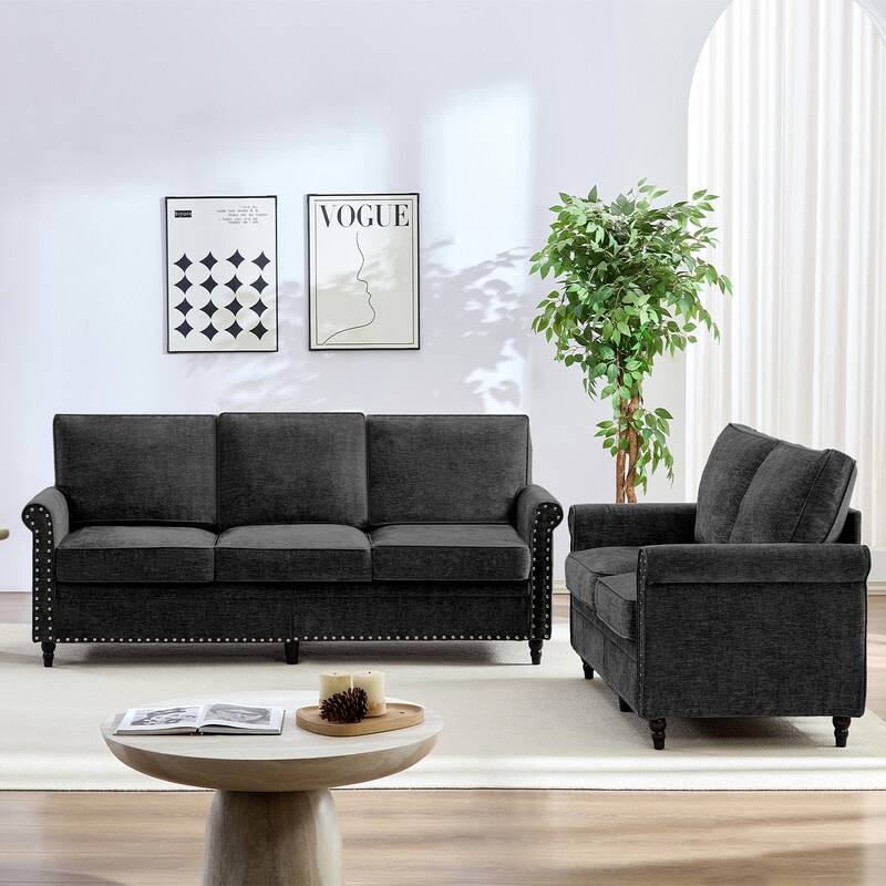 Mixoy 2 Piece Living Room Sofa Set with Riveted Design,Chenille Nailhead W76''3-Seater Sofa Couch with W53''Loveseat Sofa