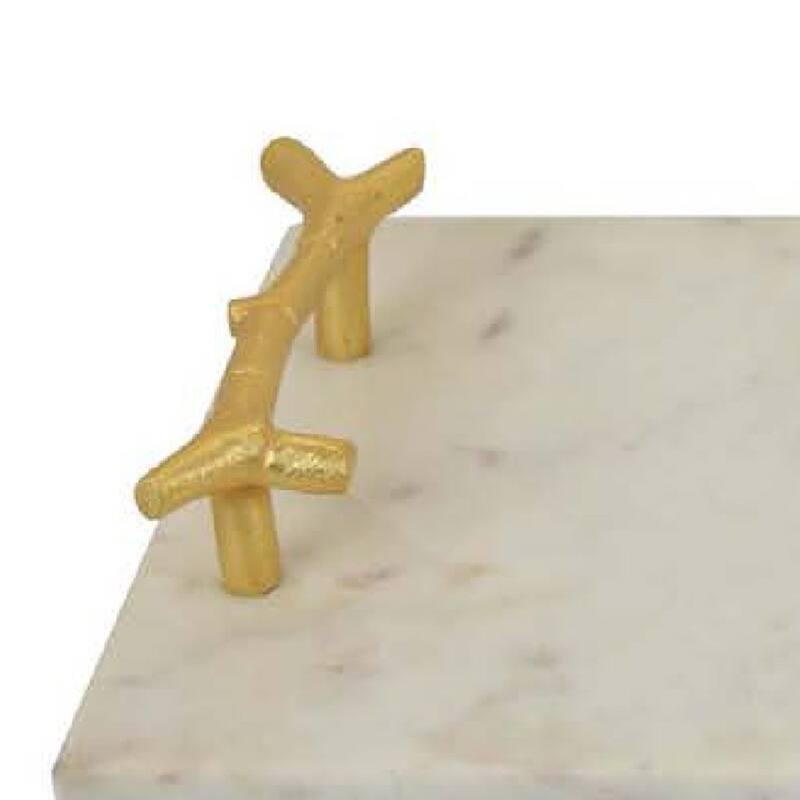 Pammy Decorative Tray, Gold Branch-Like Handles, White Marble 16 Inch