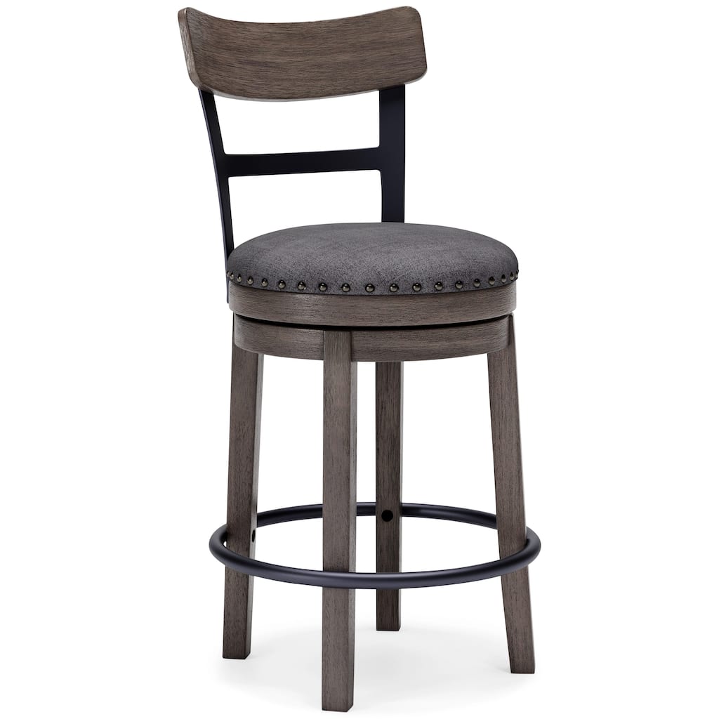Swivel Barstool with Nailhead Trim and Curved Panel Back, Gray