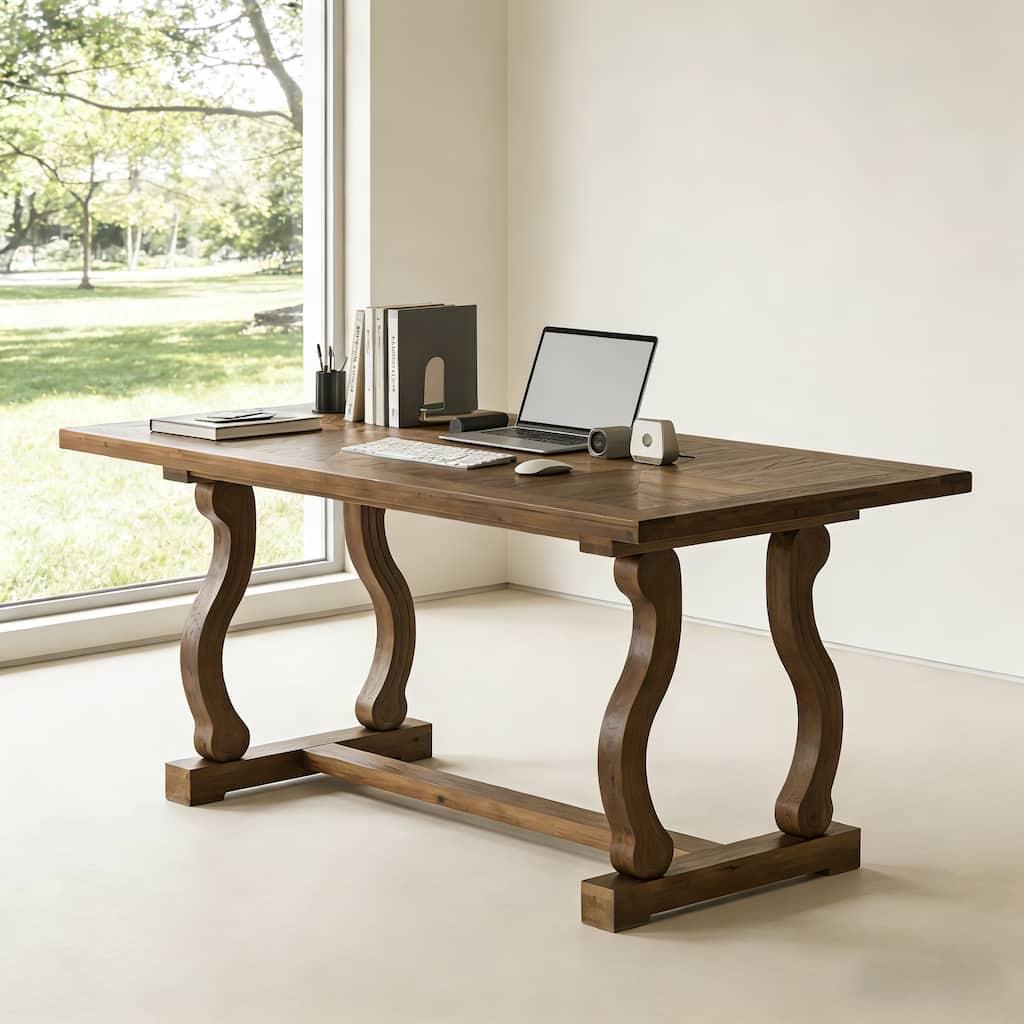 63" Solid Wood Office Executive Desk with Diamond Parquetry Top and Scroll Legs