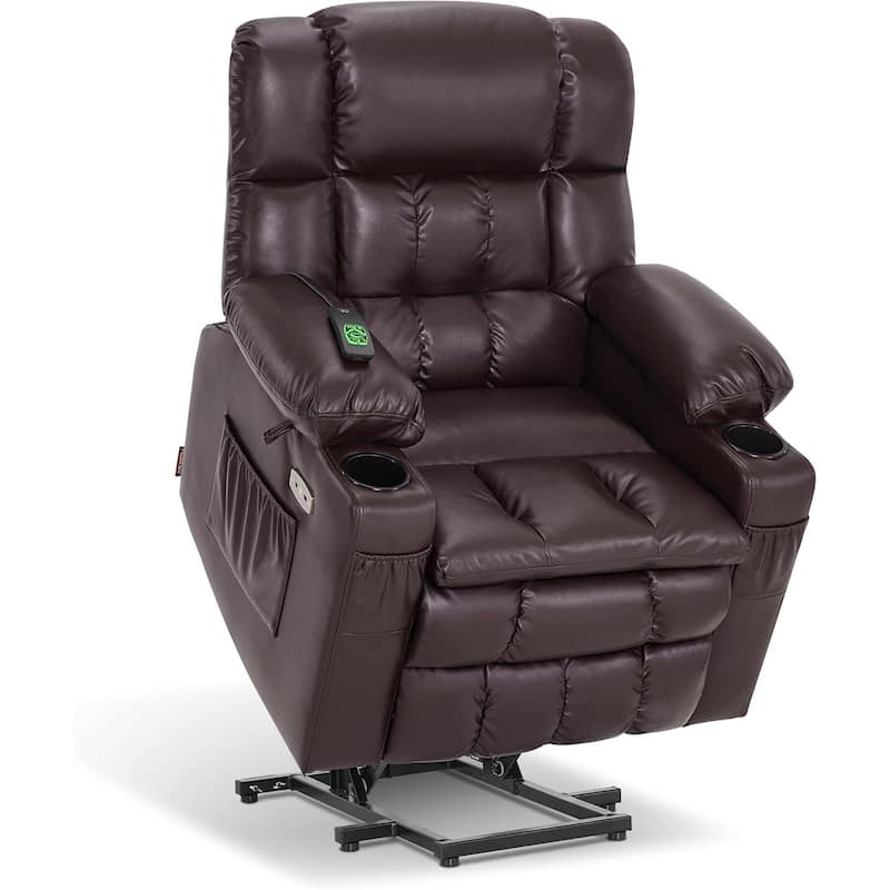 MCombo Dual Motor Small Power Lift Recliner Chair for Elderly, Lay Flat Lift Chair with Heat and Massage, Faux Leather 7893 - Dark Brown