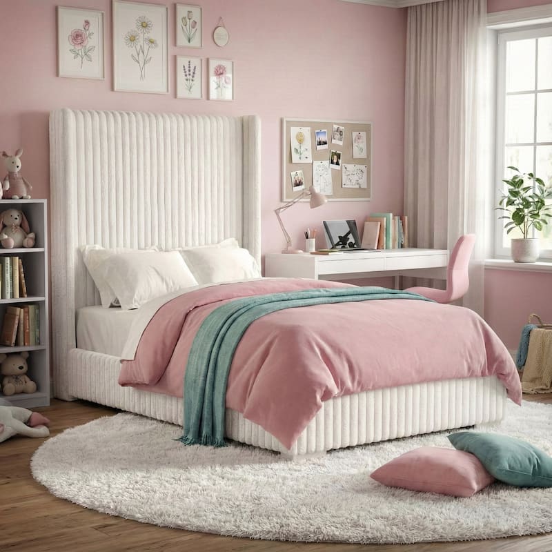 Furniture of America Draper Modern Chenille High Wingback Platform Bed - White - Twin