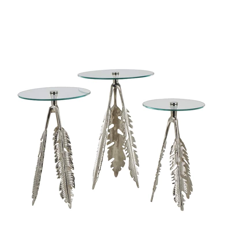 Aluminum Metal Leaf Accent Table with Tripod Legs and Tempered Glass Top - Set of 3 Silver or Gold - Roche River Decor