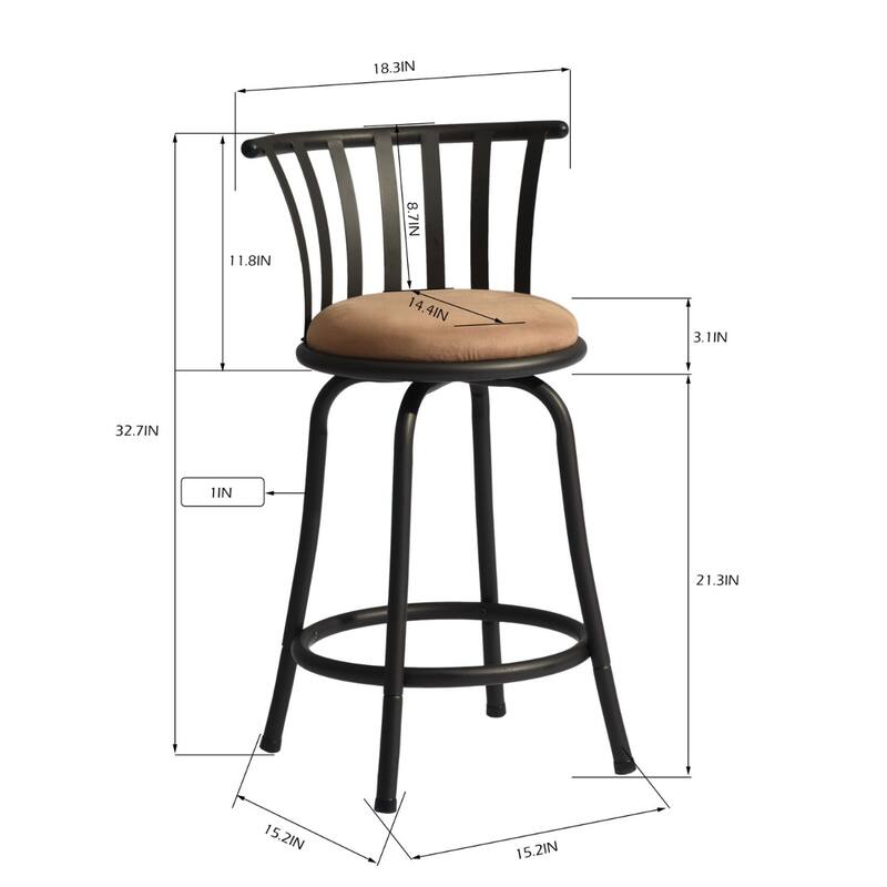 Modern Brown Microfiber Swivel Bar Stools (Set of 2) with Low Back, Black Metal Frame & Footrest