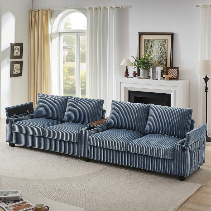 133-In Corduroy Sectional Sofa with USB Ports, Hidden Storage Arms, Flip-Top Cup Holders - Blue
