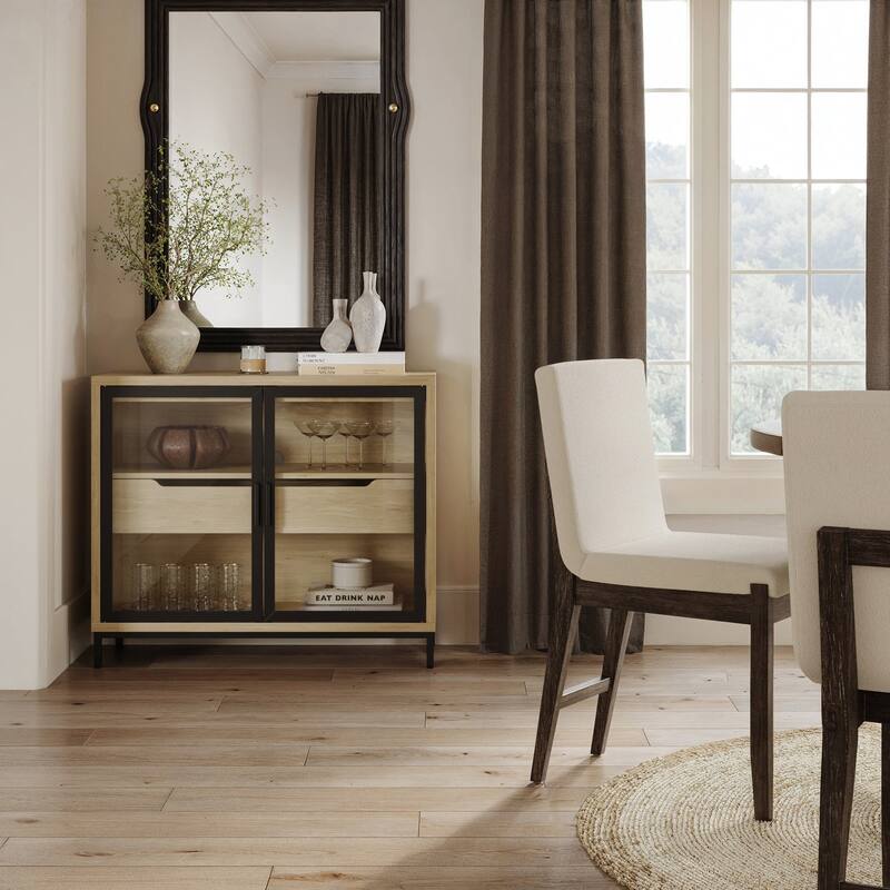 Mackenna Metal and Glass Sideboard Accent Cabinet with Two Doors, Oak Credenza for Kitchen or Living Room