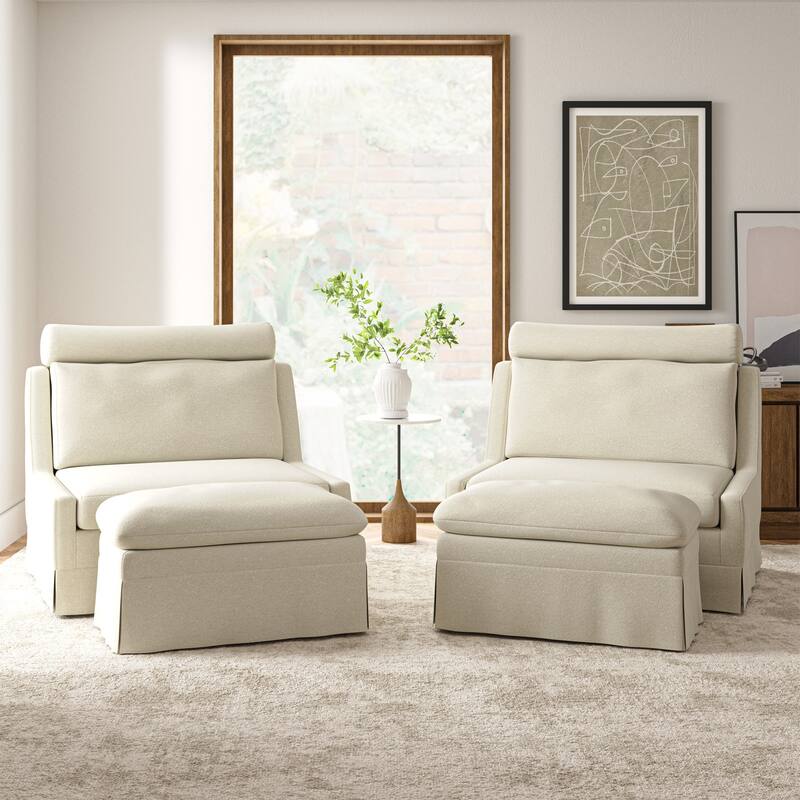 Flo Modern 45" W Oversized Slipcovered Accent Chair with Wheels and Ottoman Set of 2 by HULALA HOME - Ivory