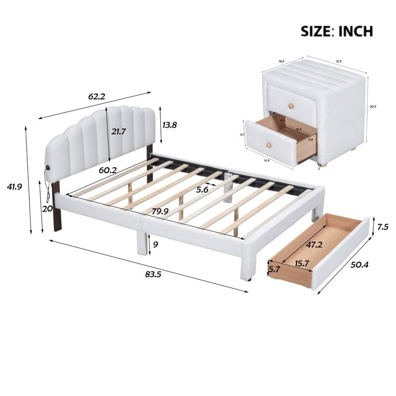 Teddy Fleece Queen Size Upholstered Platform Bed with 1 Nightstand