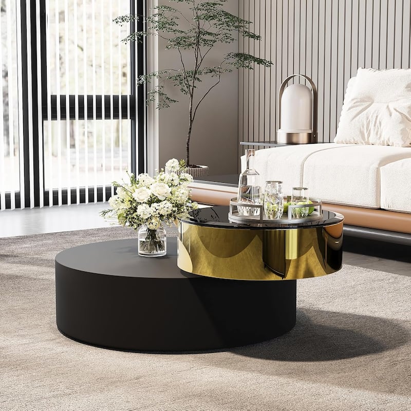 Luxury Round Coffee Table with 2 Tier Rotatable Top Circle Coffee Table with 360° Swivel Top for Living Room Apartment