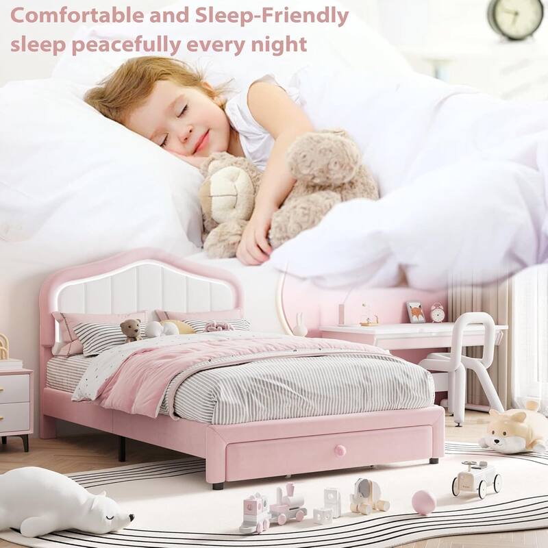 Twin Upholstered Platform Bed Frame with LED Lights & Storage Drawer, Easy Assembly