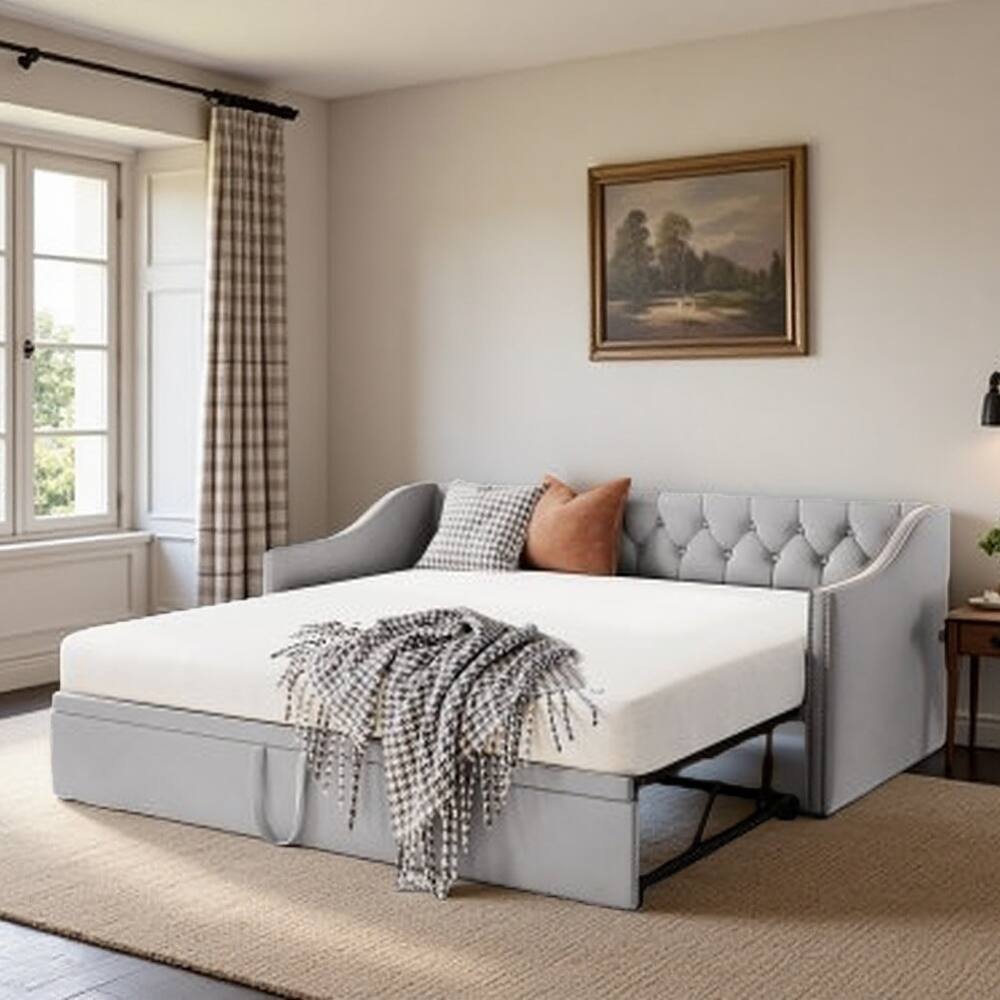 Twin Size Upholstered Daybed with Pop-Up Trundle, Expandable from Twin to King, Velvet with Armrests