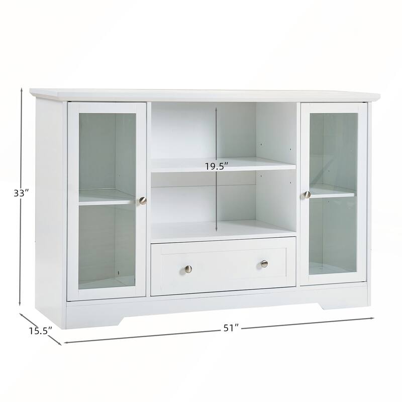 Modern White Storage Cabinet with Glass Doors Shelves Drawer