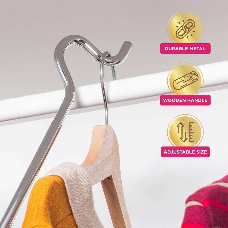 Hold N’ Storage Heavy Duty Closet Pole Reacher Hanger Extender with Hook - 2.75 to 5 ft