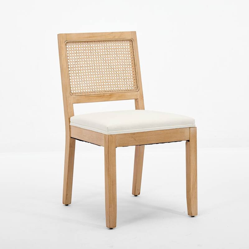 Farmhouse 2 Piece Linen Solid Wood Dining Chair with Mesh Rattan Backrest, Cushioned for Dining Room Kitchen Bedroom Living Room