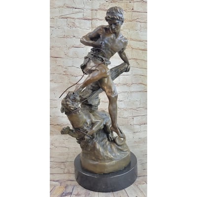 Signed Barye Muscular Man Defends Himself Against Imitative Lion Bronze Sculpture Figurine