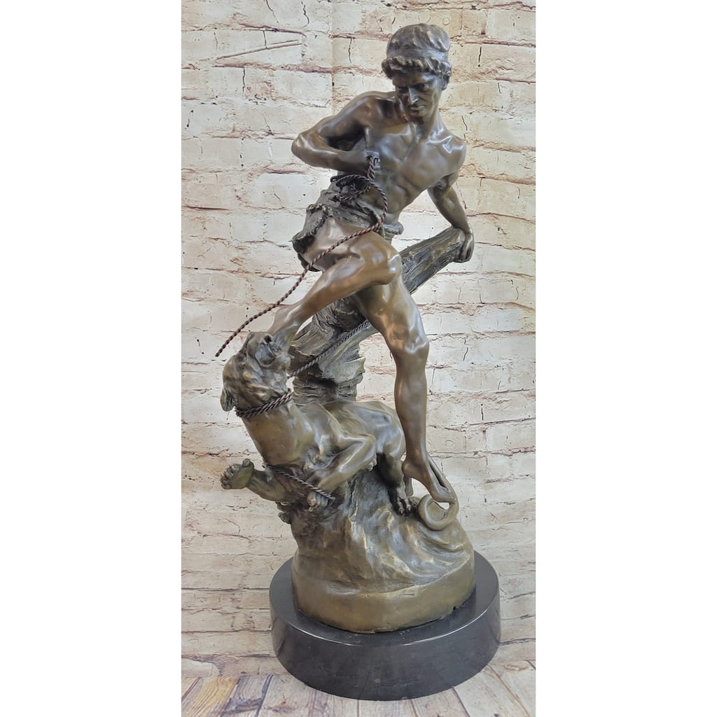 Signed Barye Muscular Man Defends Himself Against Lion Bronze Sculpture Figurine