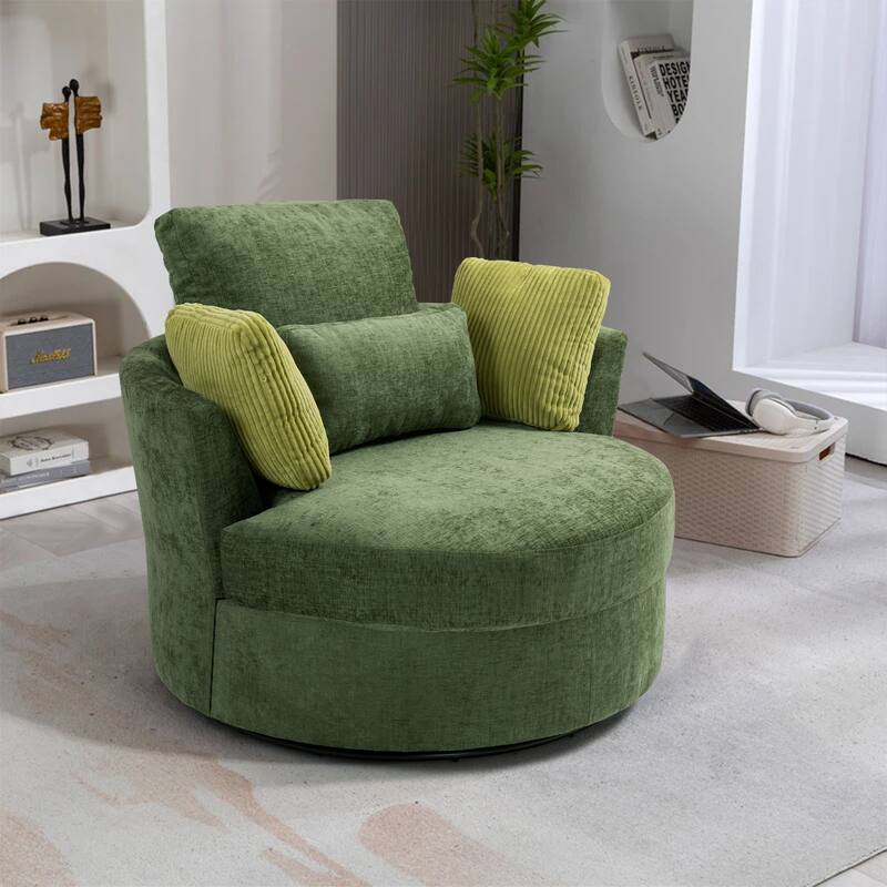 41" W Oversized Accent Barrel Swivel Chair with Moon Storage Ottoman - Single Chair - Green Chenille/Corduroy Pillows