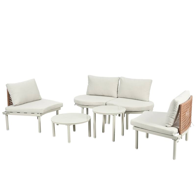 6-Piece Patio Half Moon Sofa Set with 2 High-Low Coffee Tables, 4 Pillows & Cushions