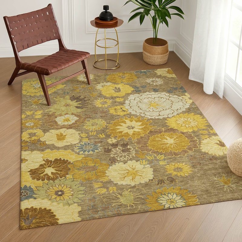 Machine Washable Indoor/ Outdoor Modern Floral Chantille Rug