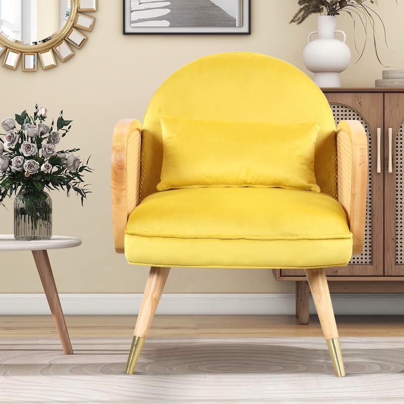 Modern Rattan Armrest Chairs Velvet Upholstered Accent Chairs with