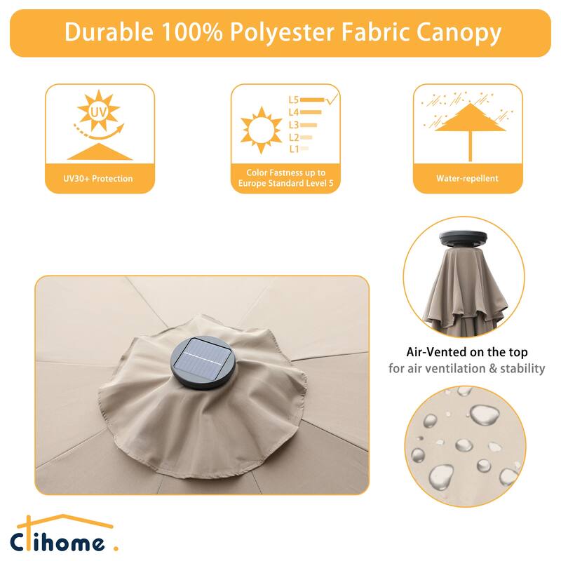 Clihome 9-Ft Outdoor 32 LED Solar Market Umbrella with Tilt & Crank