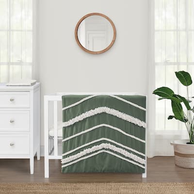 Sweet Jojo Designs Dark Green Boho Chic Boy Girl Gender Neutral Unisex 3pc Mini Crib Bedding Set Hunter Ivory Bohemian Farmhouse