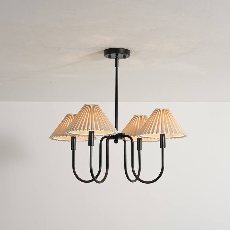 4-Light Mid-Century Modern Chandelier in Brushed Gold/Matte Black Chandelier with Pleated Shades for Living Room - Black