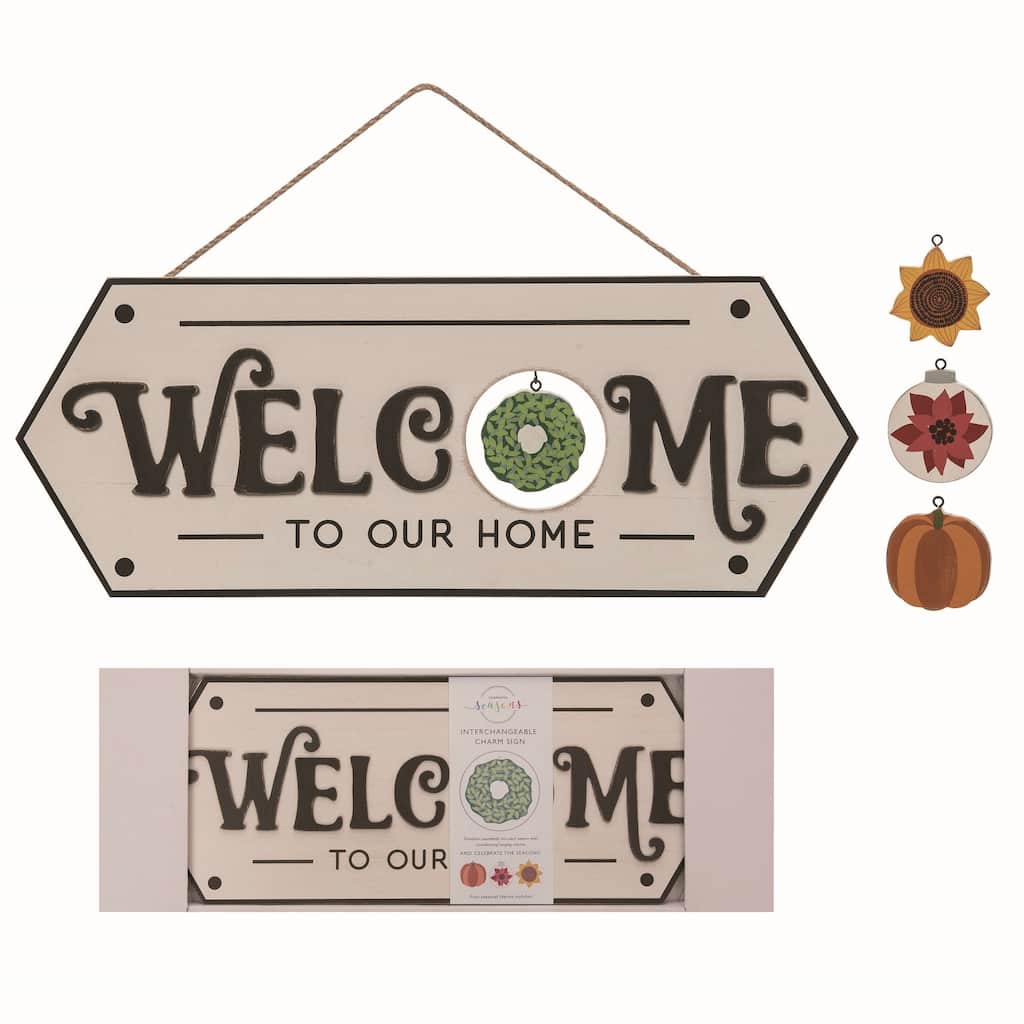 Transpac Wood Multicolor Christmas Welcome Sign with Interchangeable Icons Set of 5 - Mutlicolor