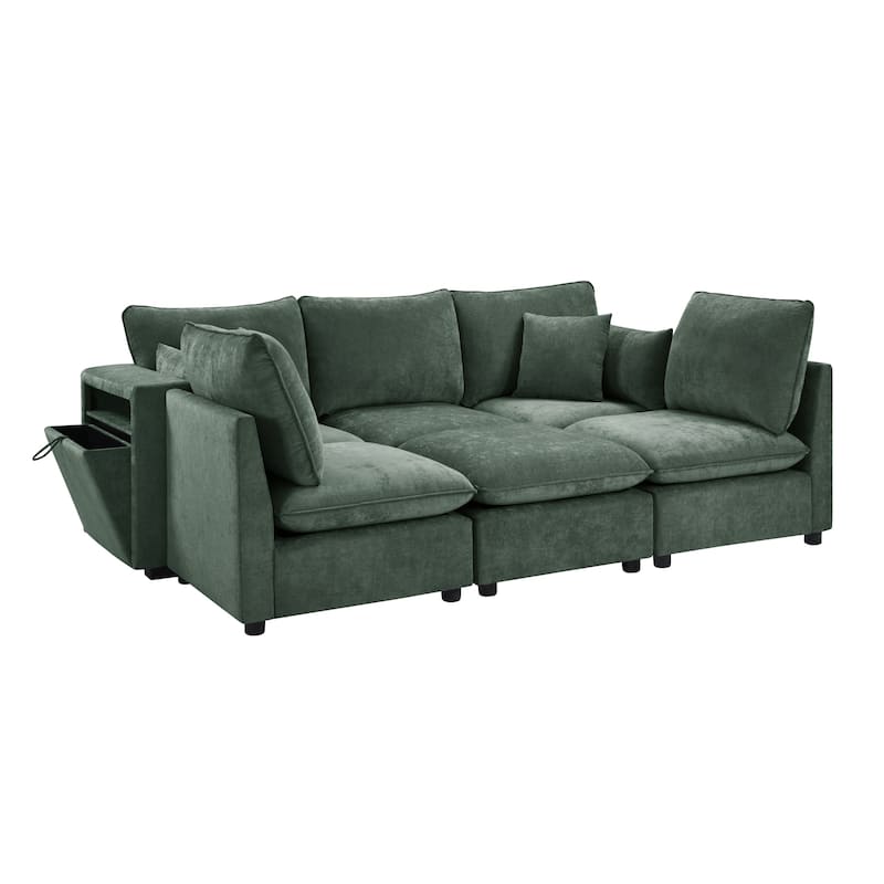Smooth Chenille Sectional Sofa U-Shaped Modular Sofa Bed L-Shaped Couch with Movable Ottoman, Storage Armrests and USB Ports