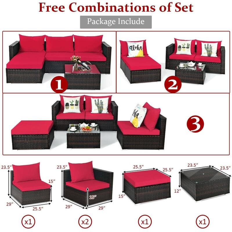 5Pcs Patio Rattan Furniture Set with Coffee Table - 29" x 29" x 23.5" (L x W x H)