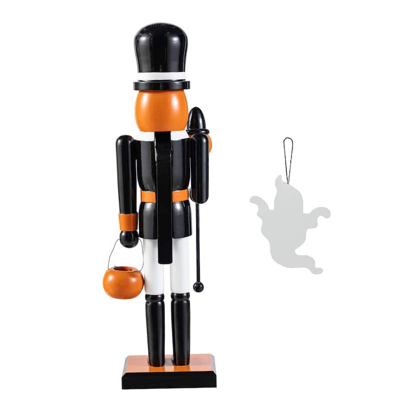 Glitzhome 18.50"H Halloween Wood Pumpkin Nutcracker with Ghost Ornament