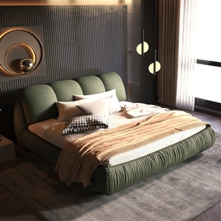 Queen Size Luxury Upholstered Bed With Thick Headboard, Velvet Queen Bed with Oversized Padded Backrest, Beige main image 1
