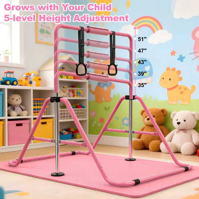 Gymnastics Bar for Kids, Gymnastics Horizontal Bar with Adjustable Height Foldable Training Bar with Mat for Home Practice