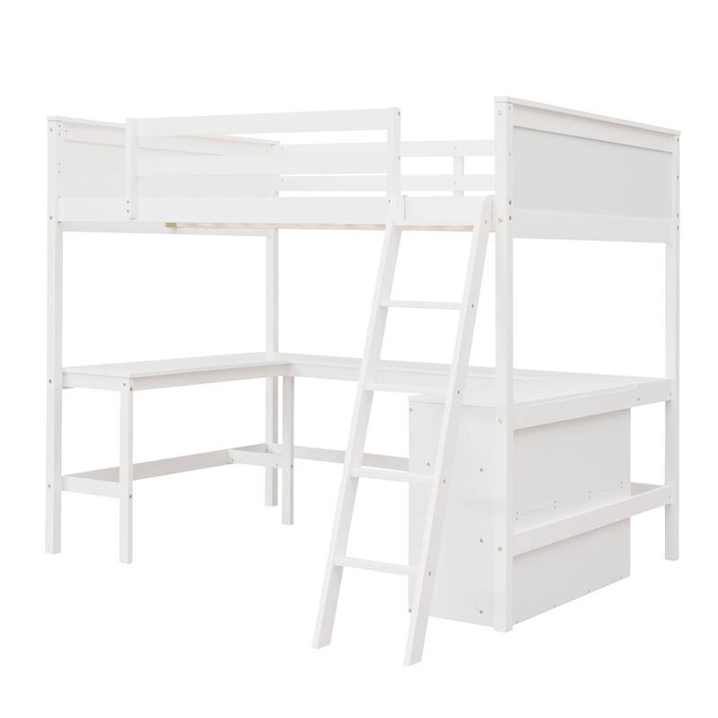 Full Size Loft Bed with Shelves and Desk, Wooden Full Loft Bed Frame with Desk