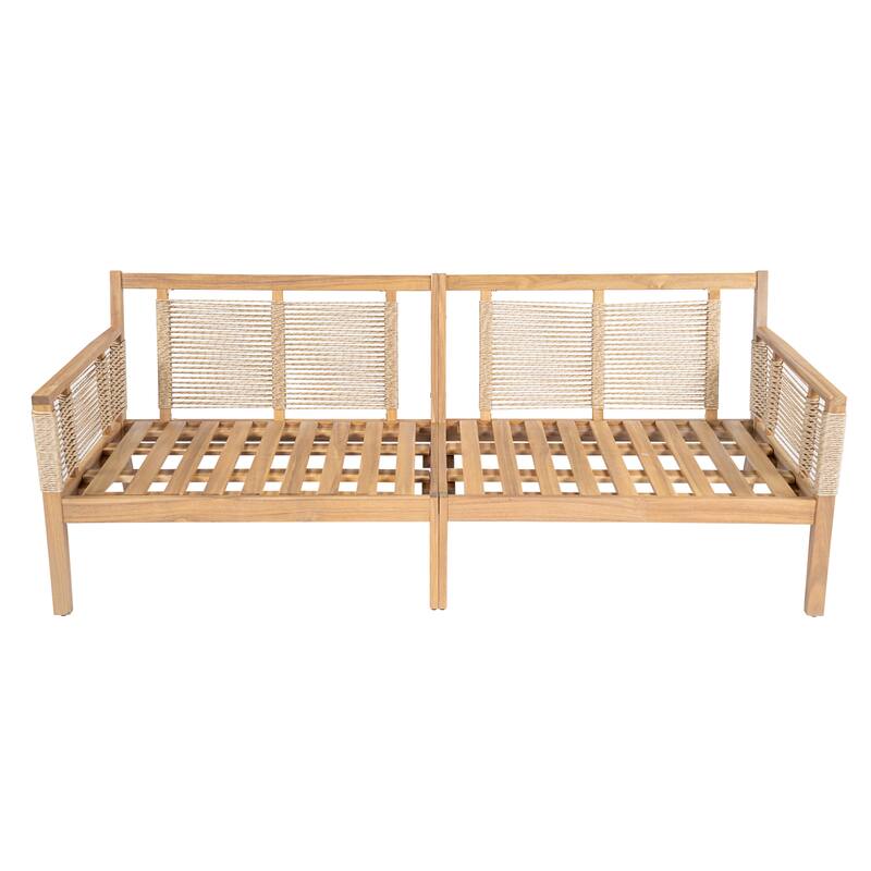 Acacia Wood 3-Seater Patio Sofa with Rope Weave - Outdoor Teak-Look Sofa with Beige Cushions & Pillows for Garden, Poolside
